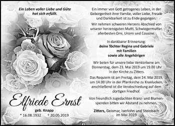 Traueranzeige von Elfriede Ernst von Südthüringer Presse