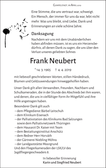 Traueranzeige von Frank Neubert von Südthüringer Presse