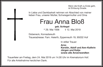 Traueranzeige von Anna Bloß von Frankenpost