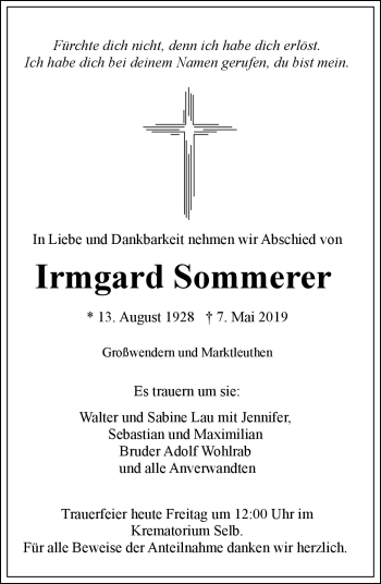 Traueranzeige von Irmgard Sommerer von Frankenpost