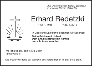 Traueranzeige von Erhard Redetzki von Neue Presse Coburg