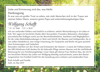 Traueranzeige von Wolfgang Schafft von Südthüringer Presse