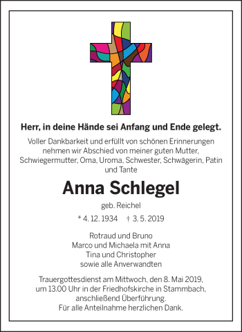 Traueranzeige von Anna Schlegel von Frankenpost