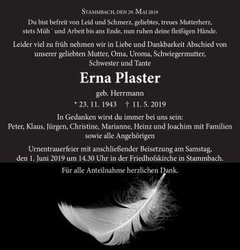 Traueranzeige von Erna Plaster von Frankenpost