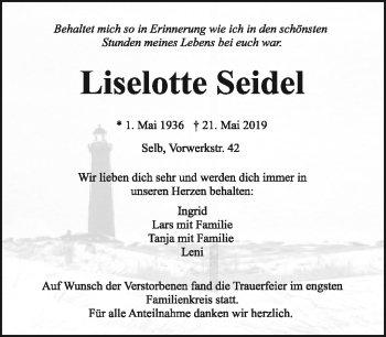 Traueranzeige von Liselotte Seidel von Frankenpost