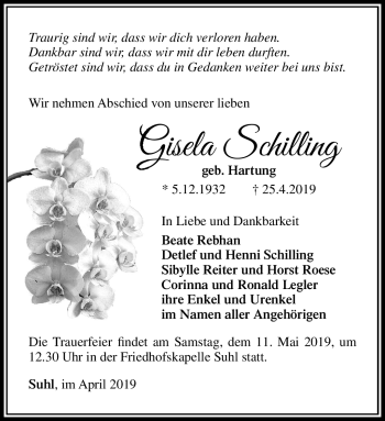 Traueranzeige von Gisela Schilling von Südthüringer Presse