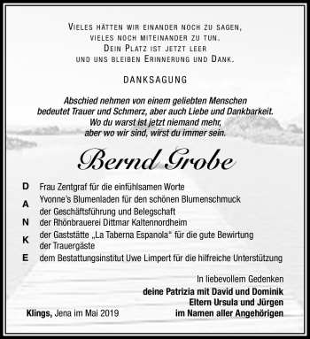 Traueranzeige von Bernd Grobe von Südthüringer Presse