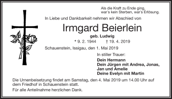 Traueranzeige von Irmgard Beierlein von Frankenpost