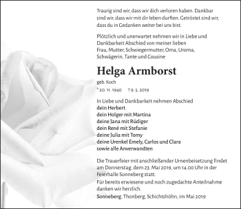 Traueranzeige von Helga Armborst von Südthüringer Presse