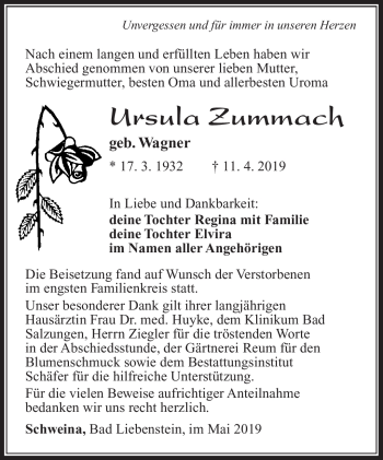 Traueranzeige von Ursula Zummach von Südthüringer Presse