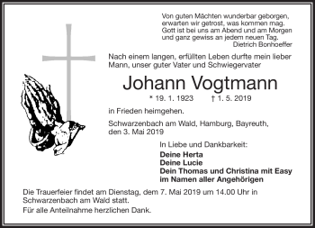 Traueranzeige von Johann Vogtmann von Frankenpost