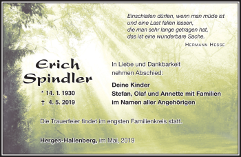 Traueranzeige von Erich Spindler von Südthüringer Presse