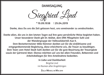 Traueranzeige von Siegfried Lind von Südthüringer Presse