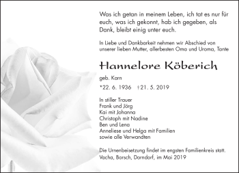 Traueranzeige von Hannelore Köberich von Südthüringer Presse