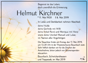 Traueranzeige von Helmut Kirchner von Südthüringer Presse