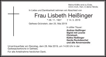 Traueranzeige von Lisbeth Heißinger von Frankenpost