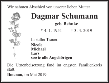 Traueranzeige von Dagmar Schumann von Südthüringer Presse