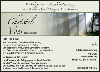 Traueranzeige von Christel Voss von Südthüringer Presse