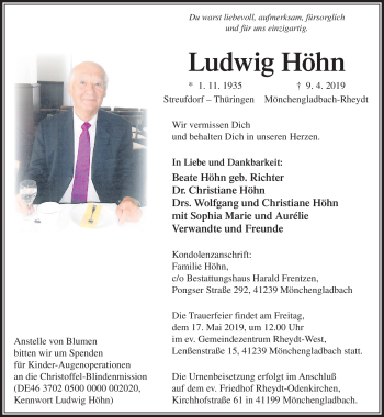 Traueranzeige von Ludwig Höhn von Südthüringer Presse
