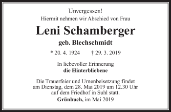 Traueranzeige von Leni Schamberger von Südthüringer Presse