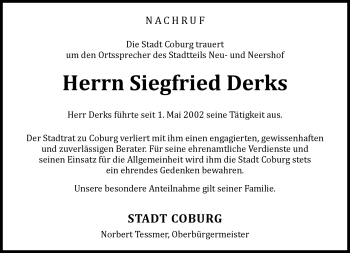 Traueranzeige von Siegfried Derks von Neue Presse Coburg