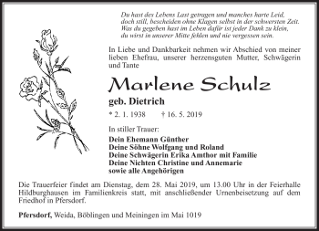 Traueranzeige von Marlene Schulz von Südthüringer Presse
