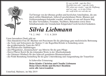 Traueranzeige von Silvia Liebmann von Südthüringer Presse