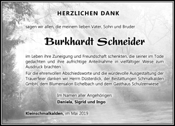 Traueranzeige von Burkhardt Schneider von Südthüringer Presse