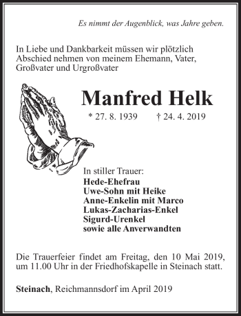 Traueranzeige von Manfred Helk von Südthüringer Presse