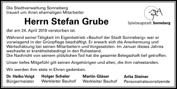 Traueranzeige von Stefan Grube von Südthüringer Presse