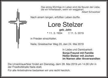 Traueranzeige von Lore Stelzer von Frankenpost