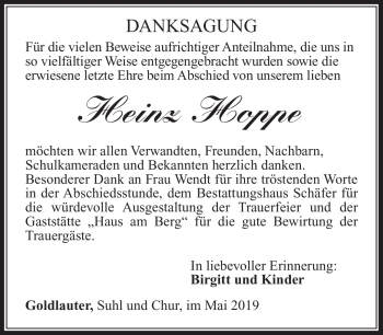 Traueranzeige von Heinz Hoppe von Südthüringer Presse