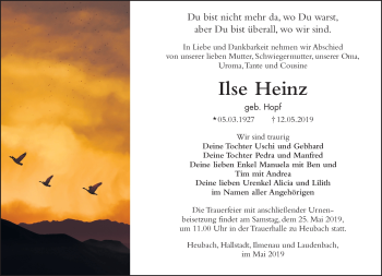 Traueranzeige von Ilse Heinz von Südthüringer Presse