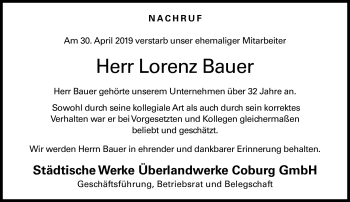 Traueranzeige von Lorenz Bauer von Neue Presse Coburg