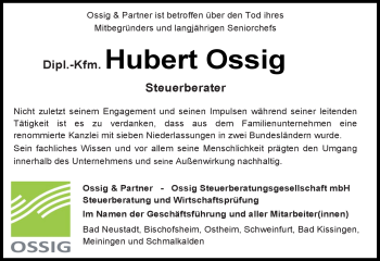 Traueranzeige von Hubert Ossig von Südthüringer Presse