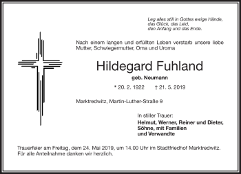 Traueranzeige von Hildegard Fuhland von Frankenpost