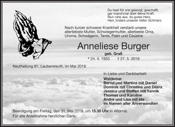 Traueranzeige von Anneliese Burger von Frankenpost