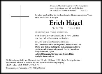 Traueranzeige von Erich Hägel von Frankenpost