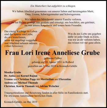 Traueranzeige von Lori Irene Anneliese Grube von Neue Presse Coburg