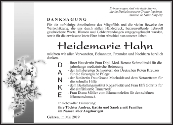 Traueranzeige von Heidemarie Hahn von Südthüringer Presse