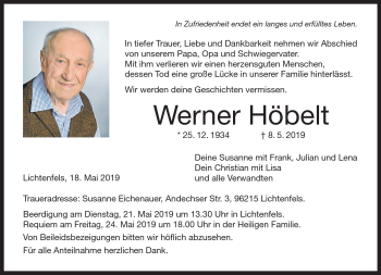 Traueranzeige von Werner Höbelt von Neue Presse Coburg