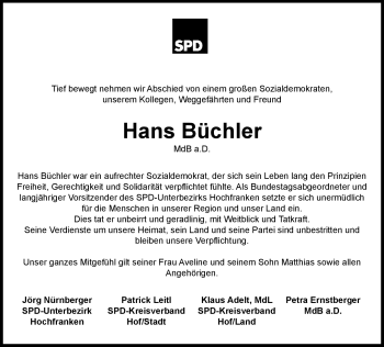 Traueranzeige von Hans Büchler von Frankenpost