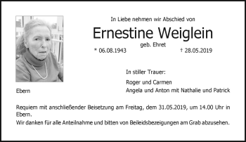 Traueranzeige von Ernestine Weiglein von Neue Presse Coburg