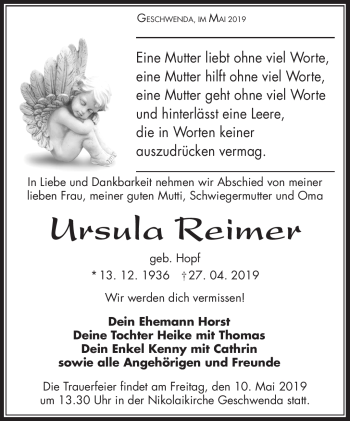 Traueranzeige von Ursula Reimer von Südthüringer Presse