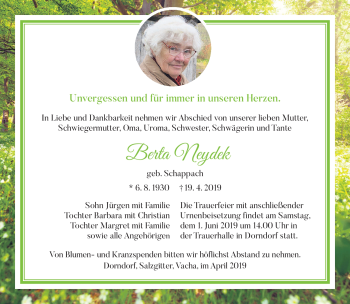 Traueranzeige von Berta Neydek von Südthüringer Presse