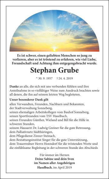 Traueranzeige von Stephan Grube von Südthüringer Presse
