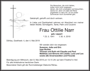 Traueranzeige von Ottilie Narr von Frankenpost