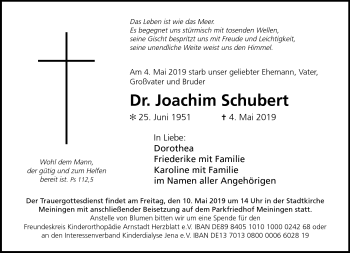 Traueranzeige von Joachim Schubert von Südthüringer Presse