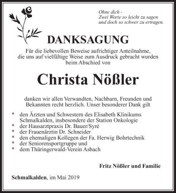 Traueranzeige von Christa Nößler von Südthüringer Presse