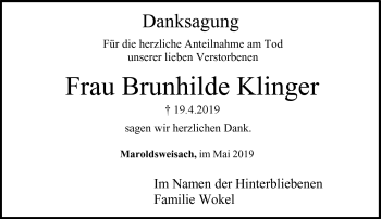 Traueranzeige von Brunhilde Klinger von Neue Presse Coburg